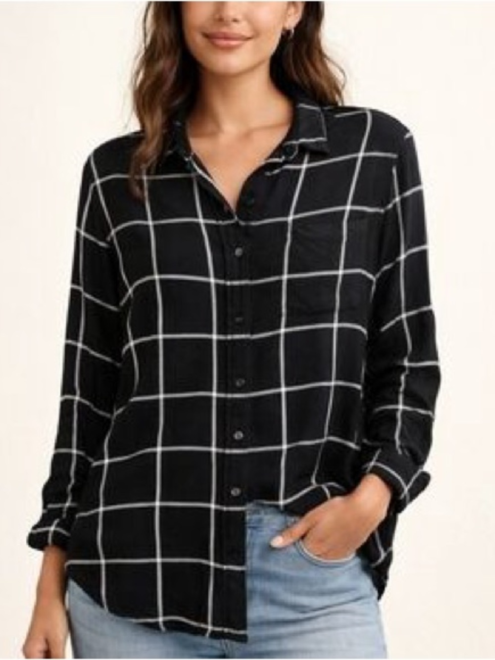 Banana Republic Boyfriend Plaid Button-Down Shirt Black White Windowpane Medium